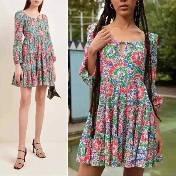 RIXO London Roxy Long Sleeve Mini Dress Hibiscus Floral Cotton swing Medium - Picture 3 of 11